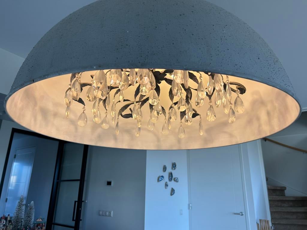 Hanglamp schaal betonlook met glazen pegels 90 cm, Ophalen, Industrieel, modern, Zo goed als nieuw, Glas