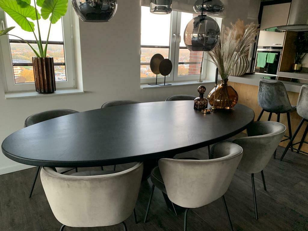 Zwarte moderne ovale massief eiken tafel eethoek, Ophalen of Verzenden, Nieuw, Ovaal, Eiken