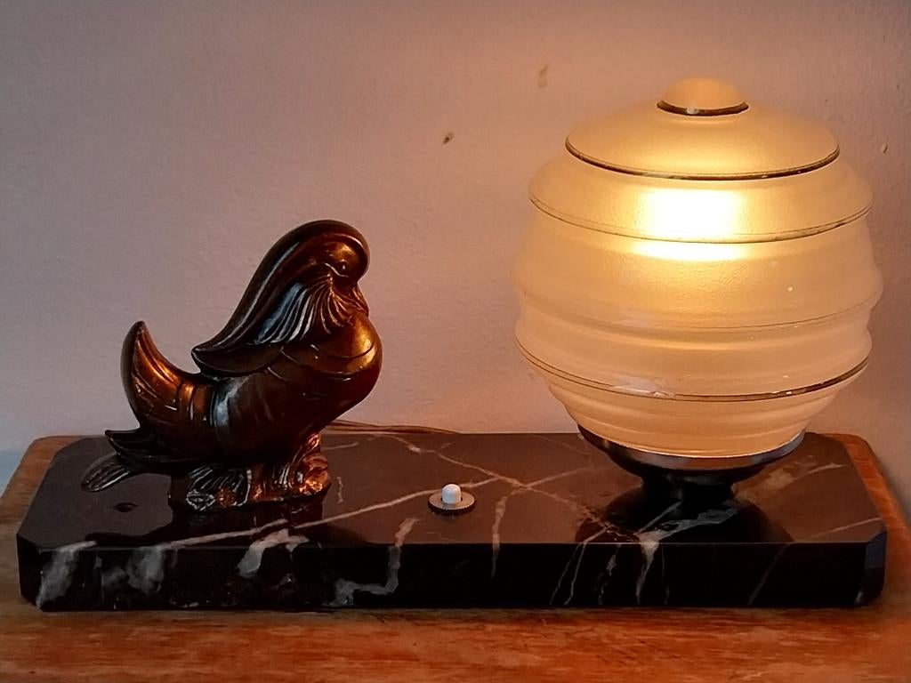 Art deco tafellamp bureaulamp duif op zwarte marmeren plaat, Ophalen of Verzenden