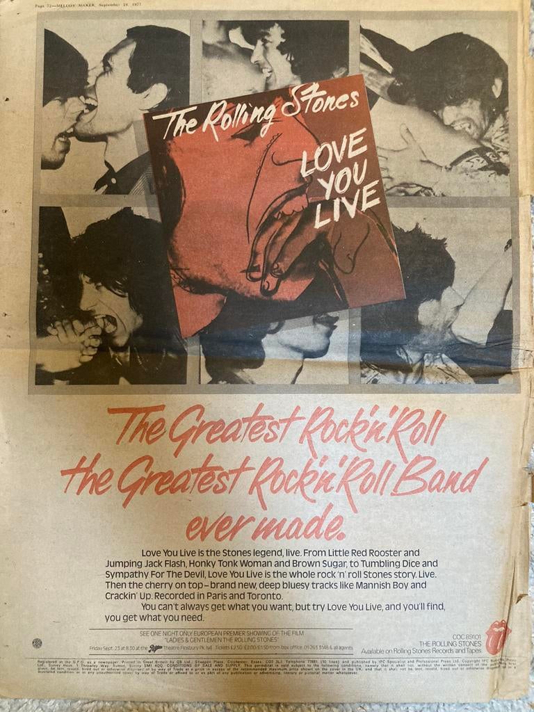 Paginagrote A3 advertentie ROLLING STONES Love You Live rele, Cd's en Dvd's, Vinyl | Rock, Ophalen of Verzenden