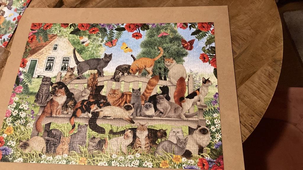 Cats on the bench van Francien 950 stukjes, Ophalen of Verzenden, 500 t/m 1500 stukjes, Zo goed als nieuw, Legpuzzel