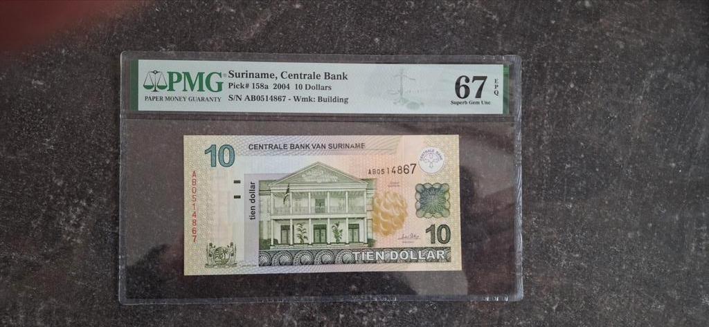 Suriname 10 dollar januari 2004 PMG 67, Ophalen of Verzenden, 10 gulden