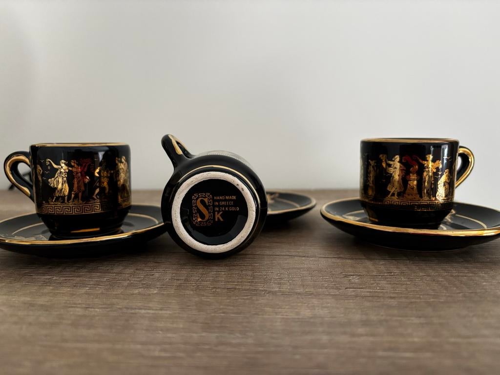 24K goud Grieks Servies Koffiekopjes met Schotel, Ophalen of Verzenden, Zo goed als nieuw, Overige stijlen, Kop(pen) en/of Schotel(s)