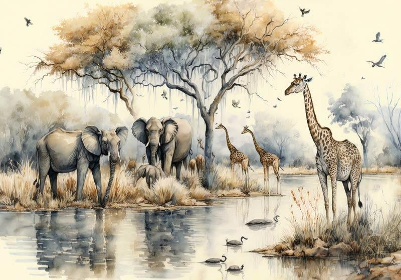Fotobehang Behang - Dieren - Olifanten en Giraffen in Afrika, Fotobehangkoning.nl, Wit, Stuizand, Ophalen of Verzenden
