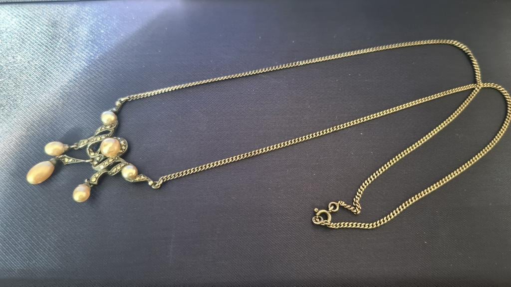 Zilveren ketting met markasiet en parels, Gebruikt, Ophalen of Verzenden, Met edelsteen, Zilver