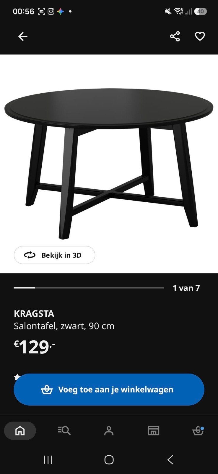 IKEA KRAGSTA Salontafel Zwart - Rond, 90 cm, Ophalen, 50 – 75, Gebruikt, 50 tot 100 cm