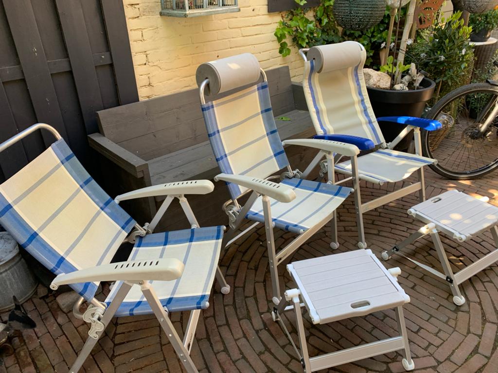 Campingstoelen en voetenbankjes set - 3 stoelen, 2 bankjes, Caravans en Kamperen, Kampeermeubelen, Ophalen, Gebruikt, Campingstoel