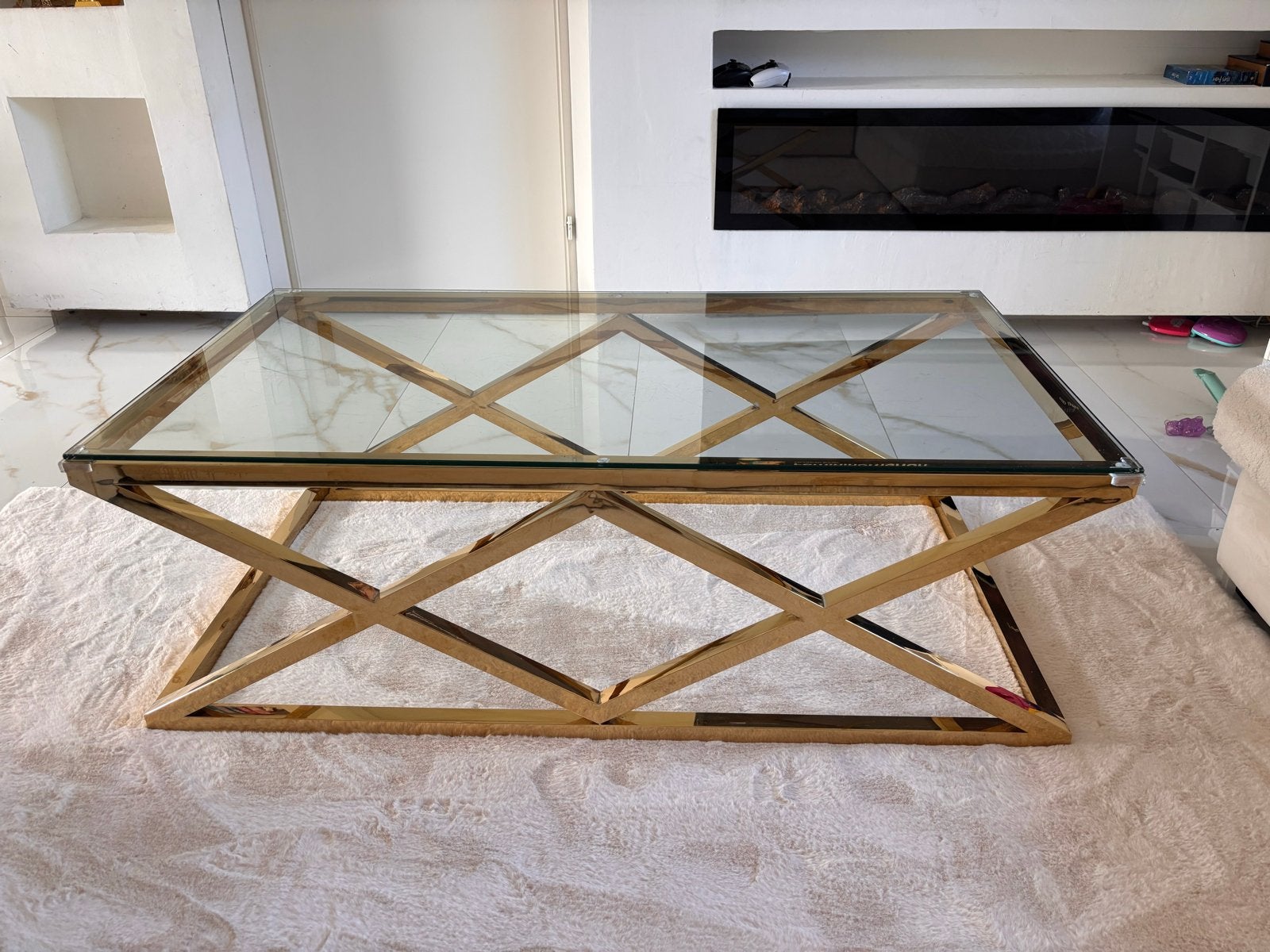 Salontafel met glazen blad en gouden onderstel, Ophalen, Gebruikt, 100 tot 150 cm, 50 tot 100 cm