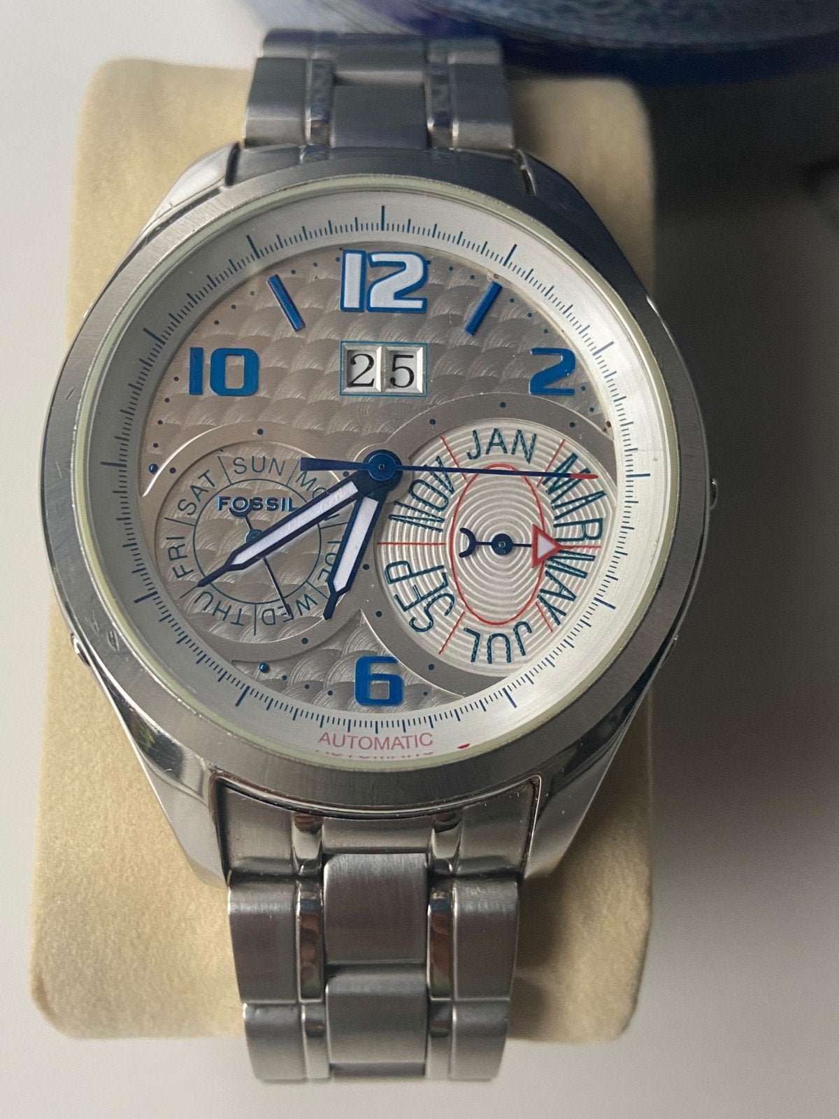Fossil Automatic ME1029 Big Date - Zeldzaam Vintage Horloge, Ophalen of Verzenden, Gebruikt, Grijs