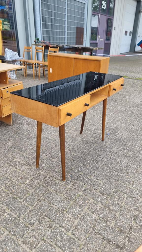 Vintage bureau Jaren 50 60 zwart glas, Huis en Inrichting, Bureaus, Ophalen, Gebruikt, ,, ,