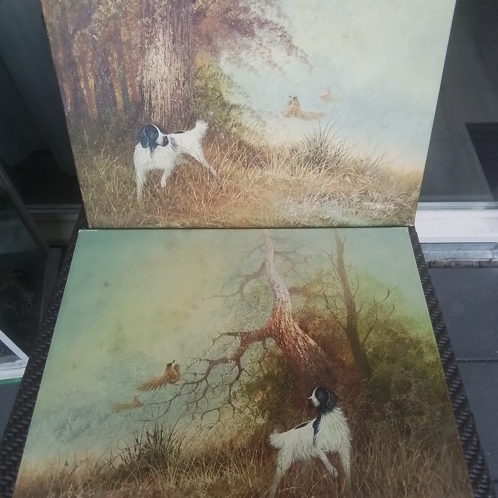 Twee oude olie op canvas schilderijen met jachthonden, Antiek en Kunst, Ophalen