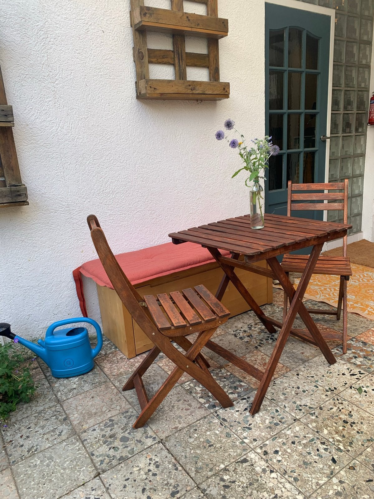 Houten bistroset met tafel en twee stoelen, Ophalen, Gebruikt, Vierkant, Hout
