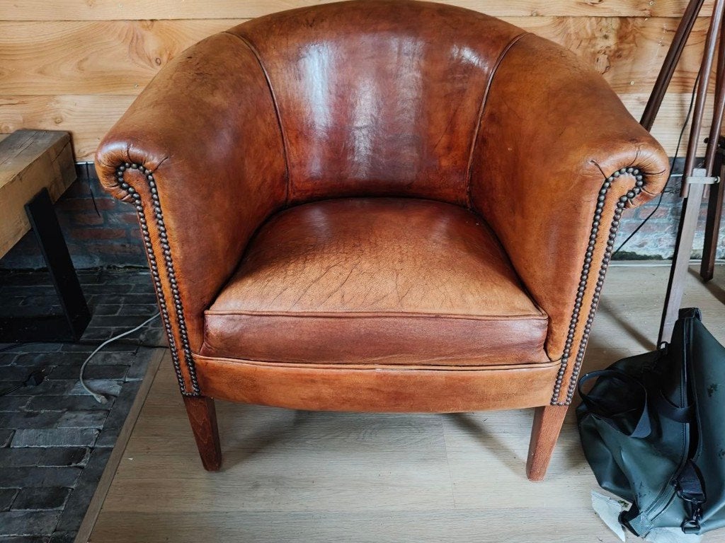 Bendic International schaapslederen clubfauteuil, Huis en Inrichting, Fauteuils, Ophalen, Gebruikt, 75 tot 100 cm, Leer