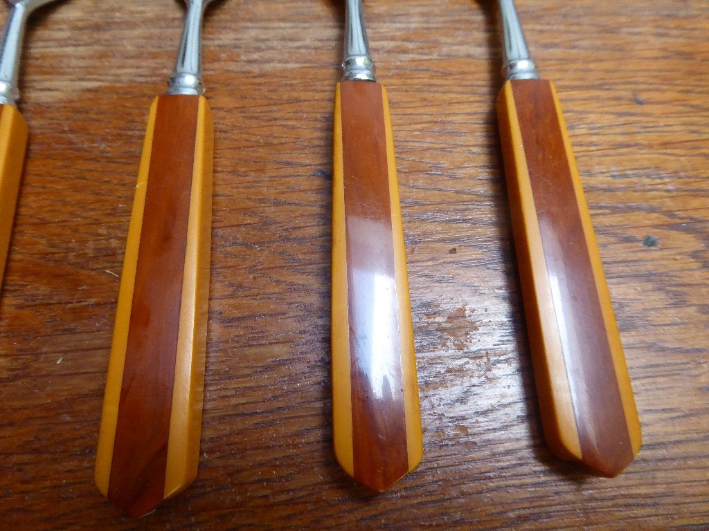 6 art deco taartvorkjes met bakeliet, Antiek en Kunst, Ophalen of Verzenden