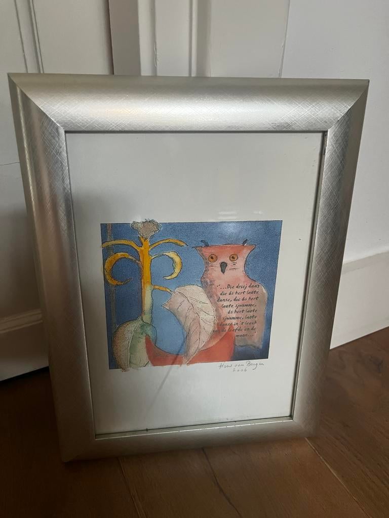Gedicht zeefdruk Hans van Bergen (2006) - Uil met gedicht, Antiek en Kunst, Kunst | Litho's en Zeefdrukken, Ophalen