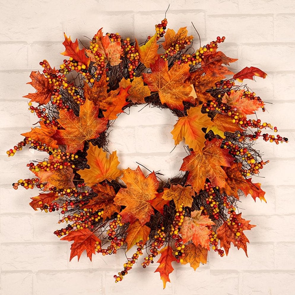 Herfst Kunstkrans / Bloemenkrans Oranje Bladeren Kunst Krans, Verzenden, Nieuw, Krans