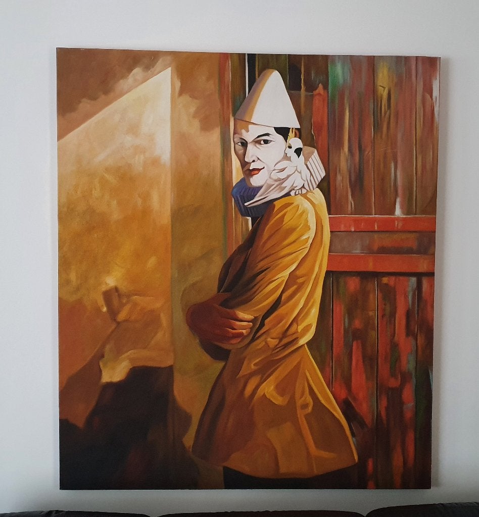 Harlekijn schilderij 120 cm x 140 cm, Antiek en Kunst, Kunst | Schilderijen | Klassiek, Ophalen of Verzenden, Origineel werk, Portret of Personen