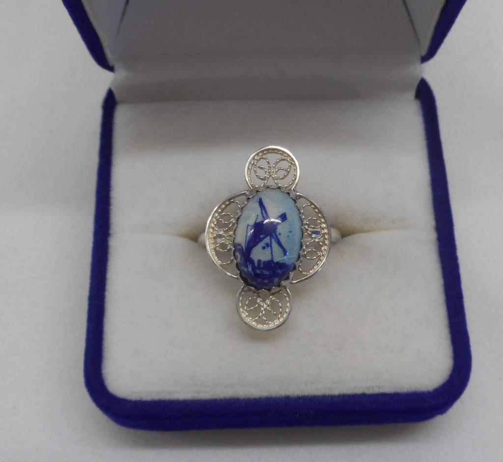 Zilveren ring met delfts blauwe steen maat 19.25 nr.786, Verzenden, 19 tot 20, Zo goed als nieuw, Dame