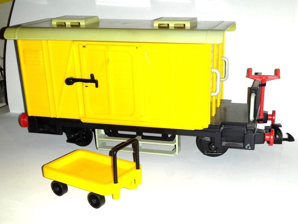 Vintage Modeltreinen Gele Goederenwagon met Extra Wagentje, Overige merken, Gebruikt, Gelijkstroom, Overige typen