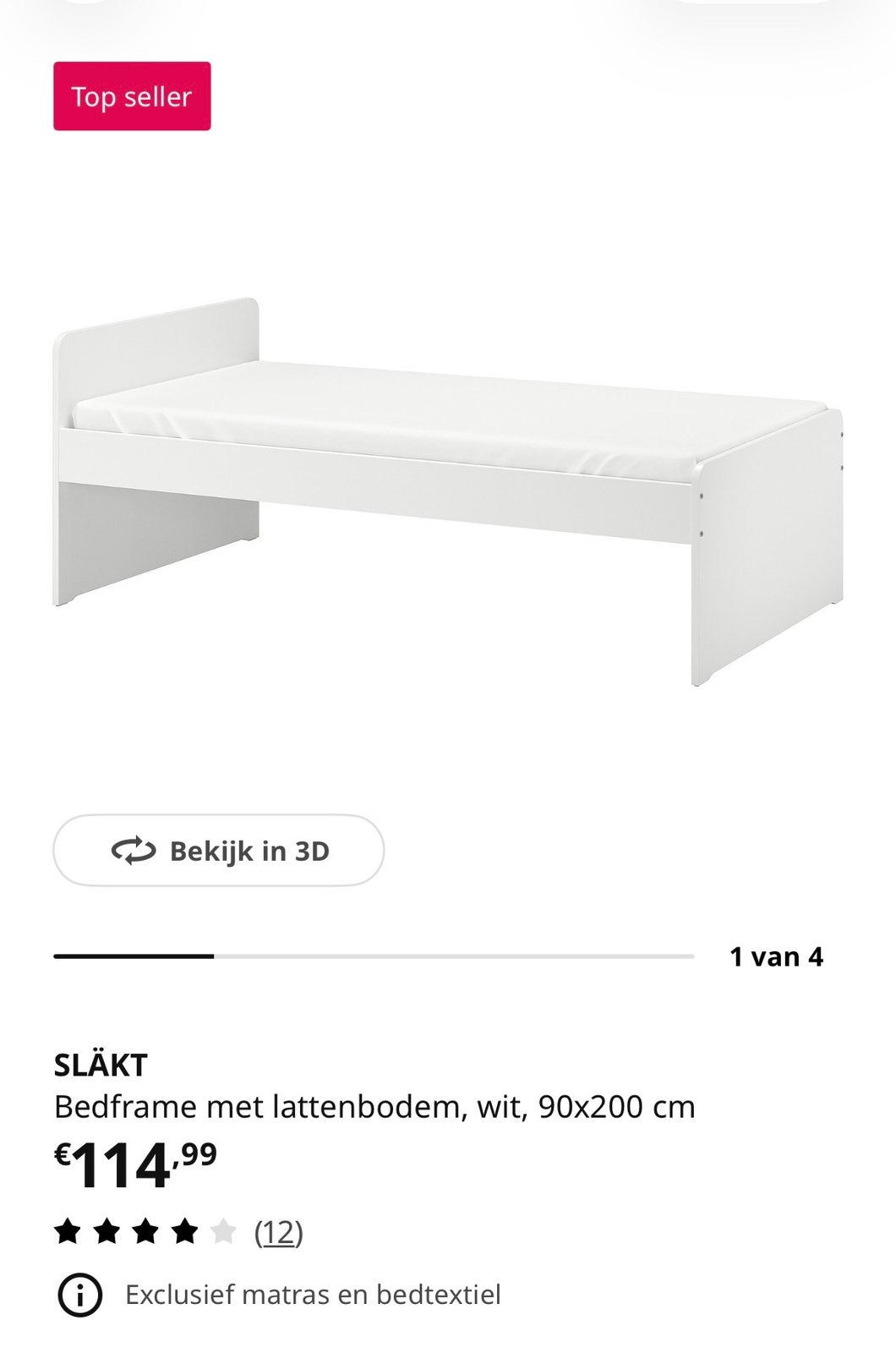 Ikea Slakt bed wit, Ophalen, 90 cm, Eenpersoons, Wit