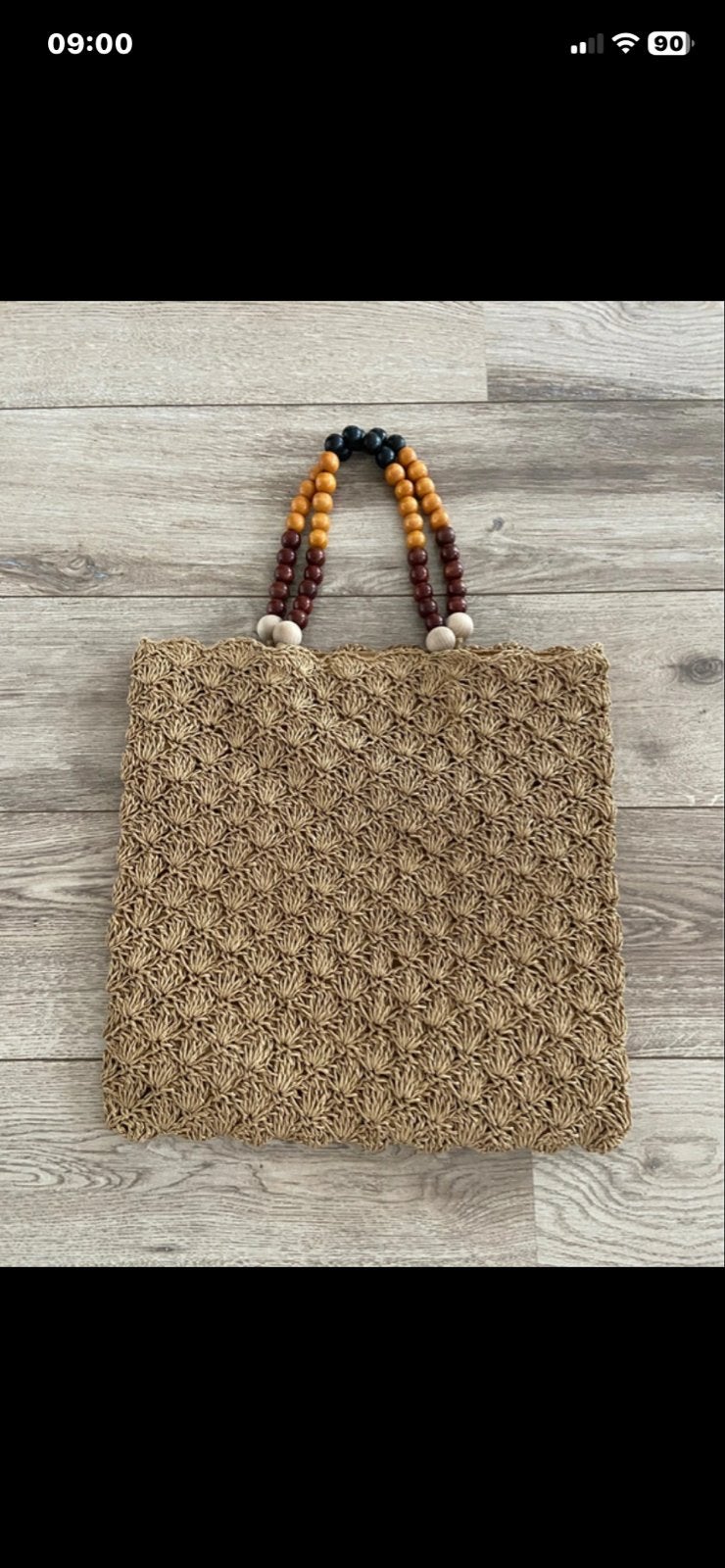 Stijlvolle rieten tas met houten kralen handvat, Ophalen of Verzenden, Zo goed als nieuw, Bruin, Handtas