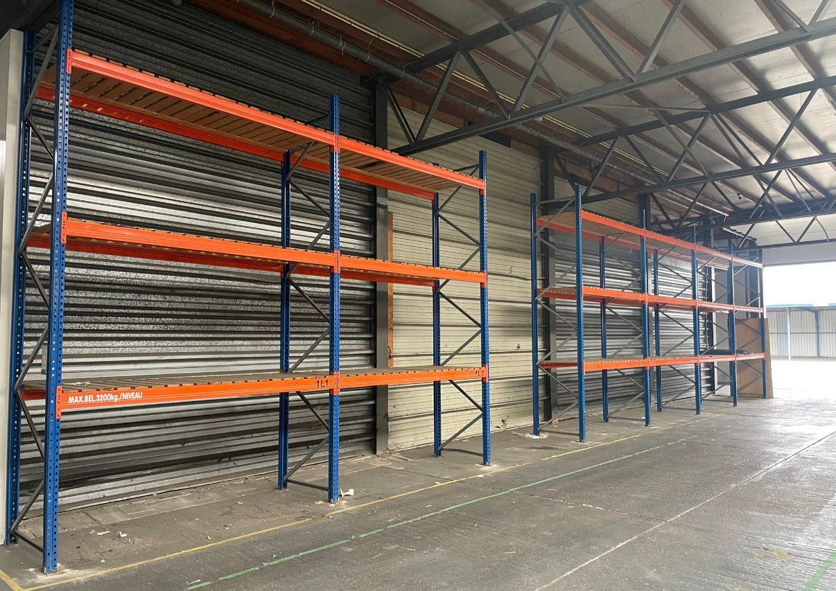 Palletstelling: 8 staanders 36 liggers met houten vlonders, Ophalen of Verzenden, Stellingbrenger, Info@stellingbrenger.nl, Stellingbrenger