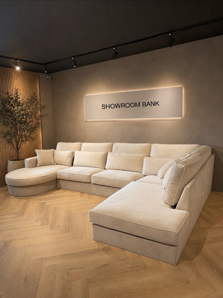 Hoekbank met lounge velvet creme / beige 400cm, Ophalen, Hoekbank, 300 cm of meer, Zo goed als nieuw