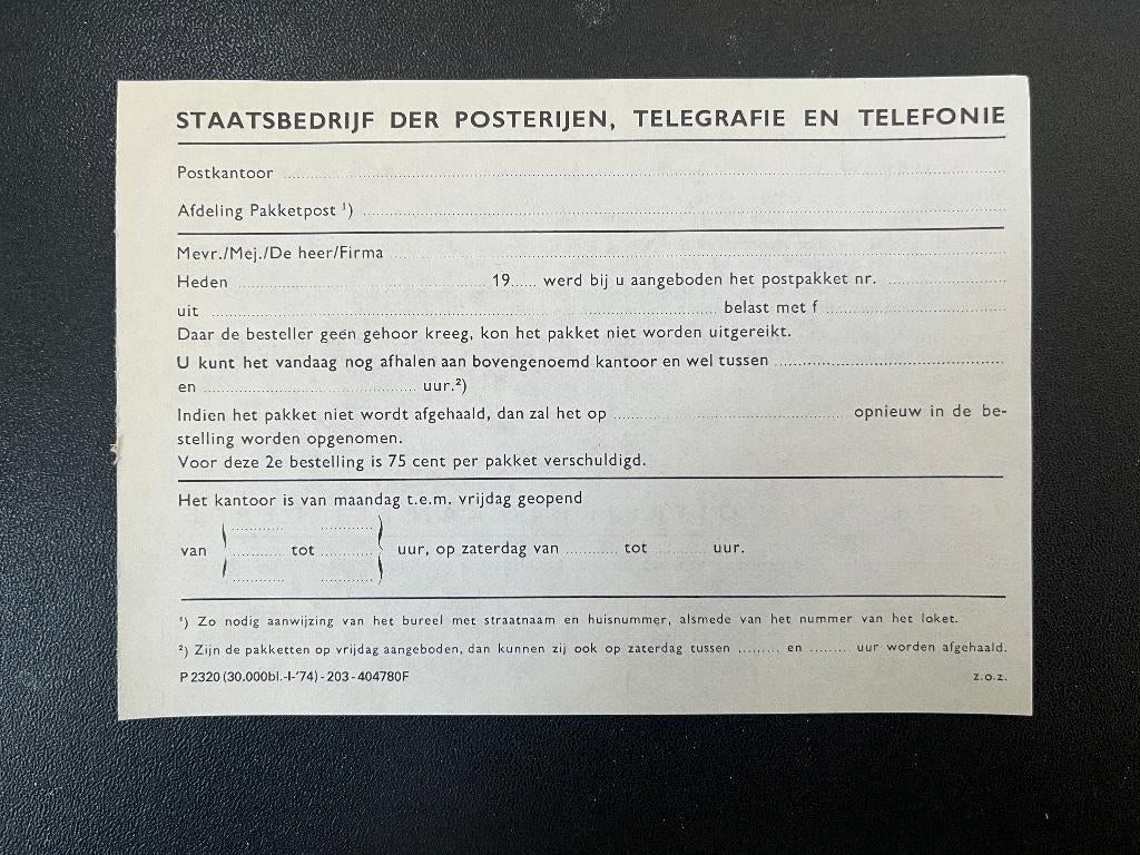 Postaal document kennisgeving aangeboden pakket, Verzenden, Na 1940, Postfris