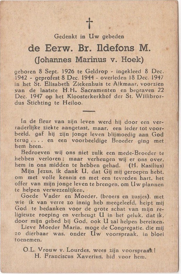 broeder Johannes van Hoek 1926 Geldrop + 1947 Alkmaar, 21 jr, Verzamelen, Ophalen of Verzenden