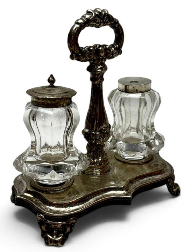 Hollands zilveren inktstel met kristallen flacons –(1860+/-), Ophalen of Verzenden, Zilver
