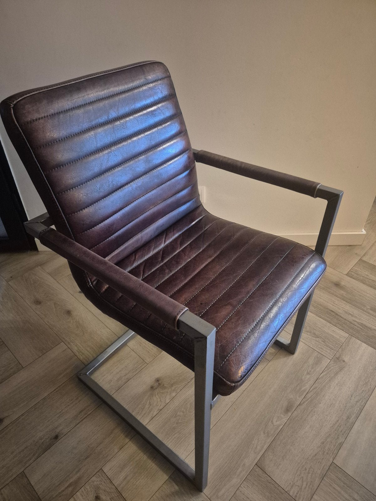 6x industriële eetkamerstoelen leer met metalen frame, Huis en Inrichting, Ophalen, Gebruikt, Bruin, Vijf, Zes of meer stoelen