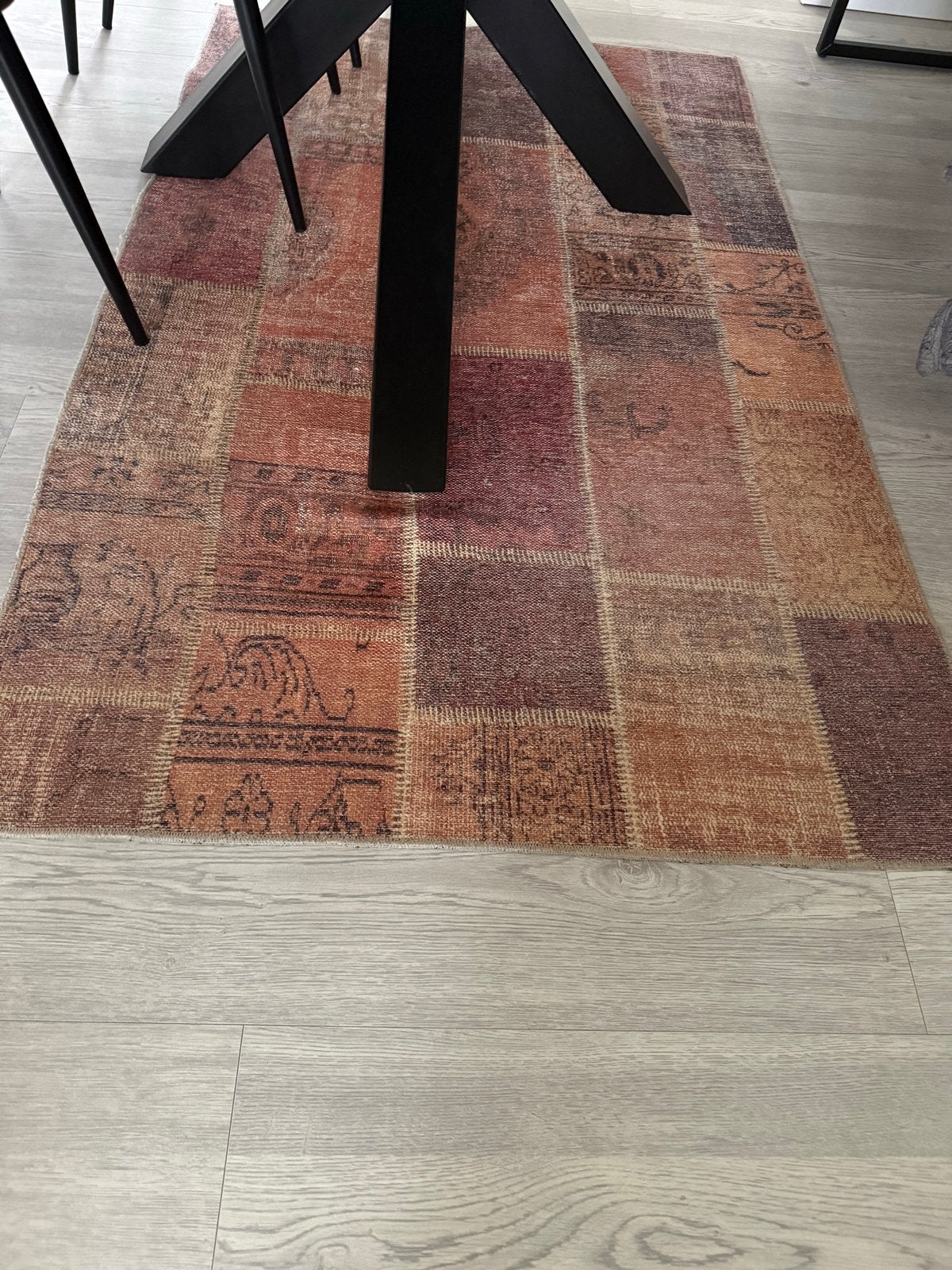 Vintage patchwork vloerkleed - terracotta, bruin, bordeaux, Ophalen, Gebruikt, Bruin, Rechthoekig