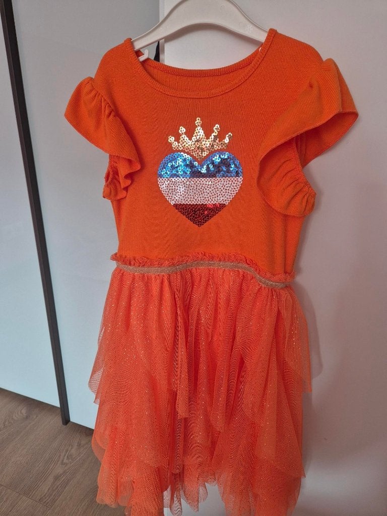 Oranje jurk maat 128, Kinderen en Baby's, Ophalen, Meisje, Zo goed als nieuw, Jurk of Rok