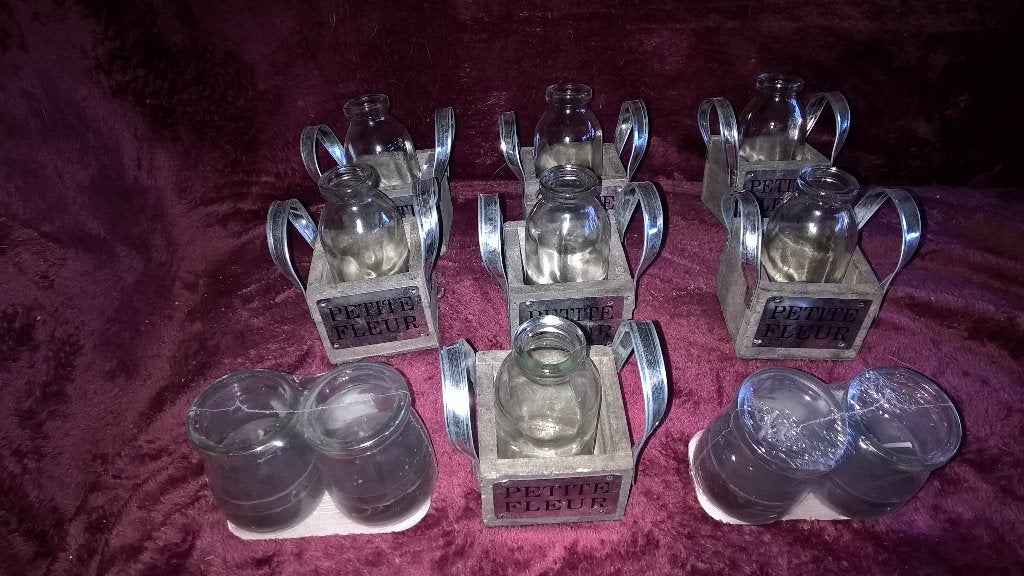 NIEUW 7 PETIT FLEUR VAASJES IN HOUTEN BAKJES EN 4 VAASJES, Ophalen, Nieuw, Glas