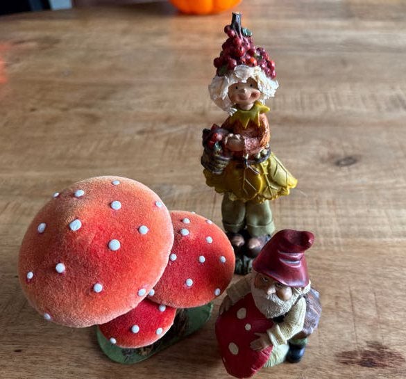 Leuke decoratie set: paddenstoelen, kabouter en elfje, Huis en Inrichting, Ophalen, Gebruikt, Meerkleurig, Overige materialen