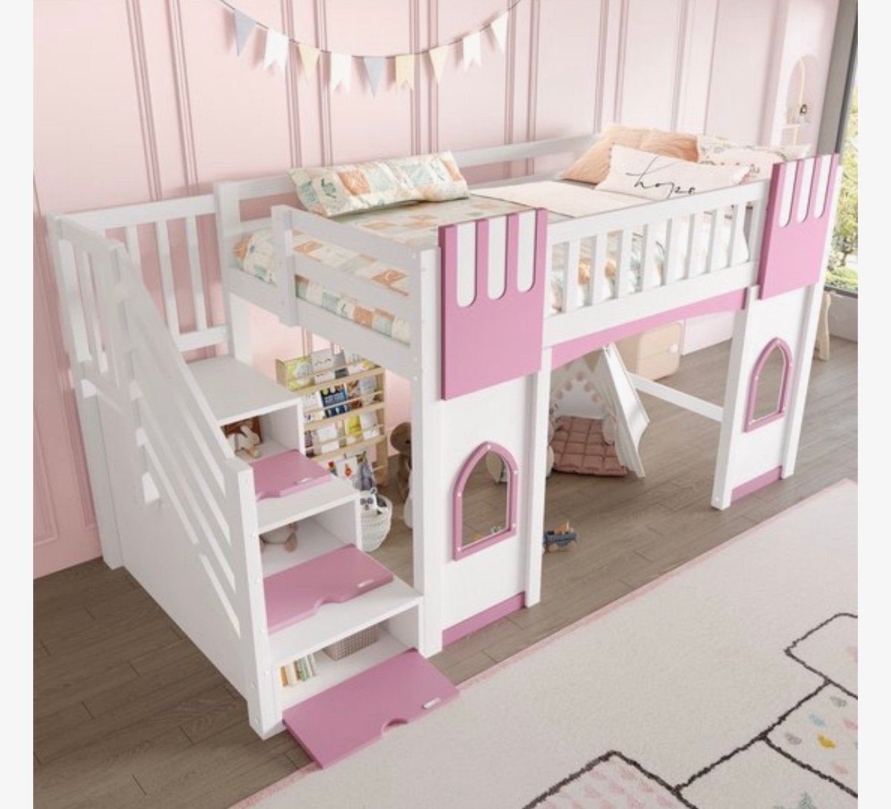 Nieuw kinderbed kasteelbed met trap en opbergruimte, Kinderen en Baby's, Ophalen, 85 tot 100 cm, Zo goed als nieuw, Hoogslaper of Stapelbed