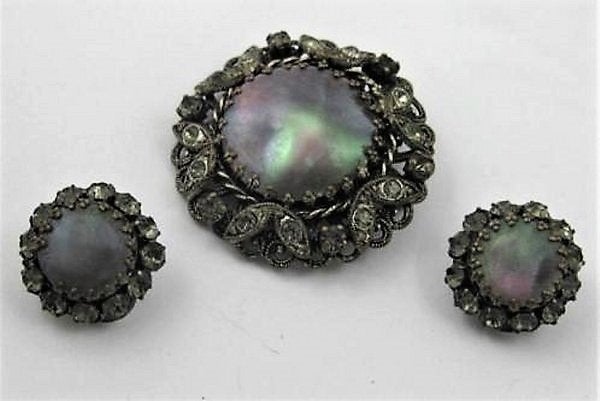 Antieke Tsjechische broche met oorclips, parelmoer filigrain, Sieraden, Tassen en Uiterlijk, Antieke sieraden, Ophalen, Overige materialen