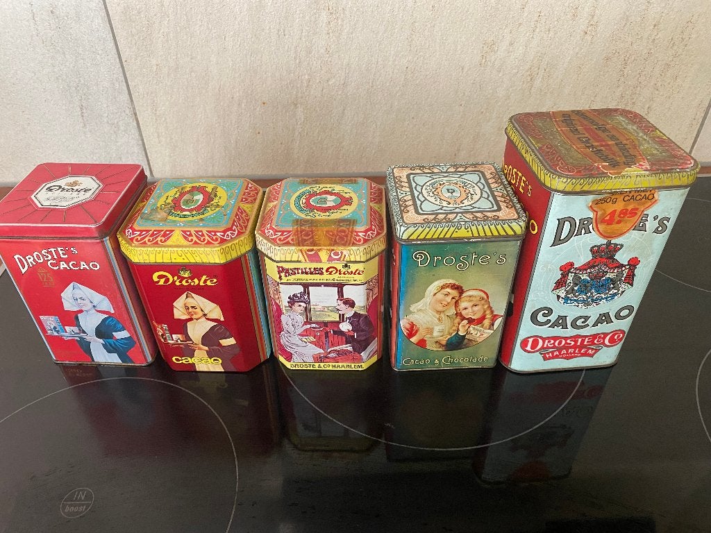 Droste blikken 5x, Verzamelen, Blikken, Ophalen of Verzenden, Gebruikt, Overige, Droste