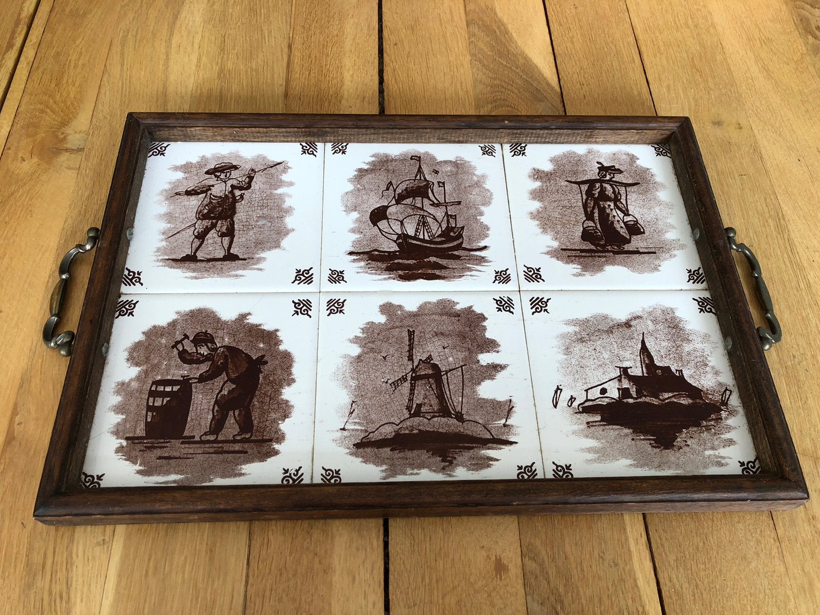 Oud dienblad houten met tegels 46,5/32 cm, Antiek en Kunst, Ophalen of Verzenden
