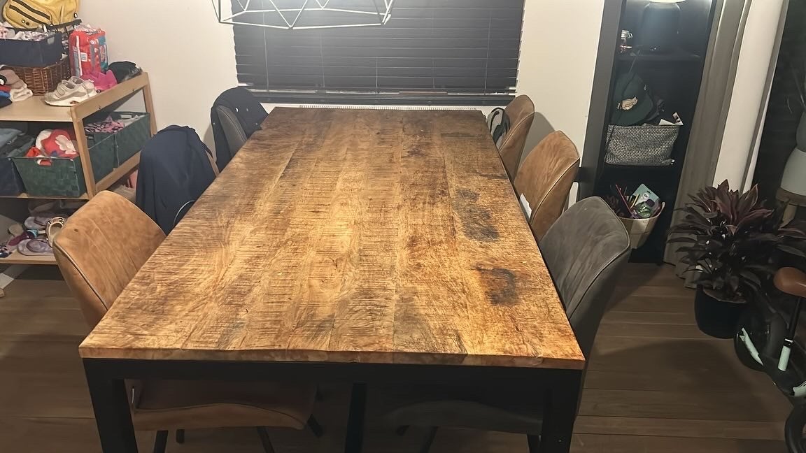 Industriële eettafel mangohout en staal 200x100x79cm, Huis en Inrichting, Ophalen, Gebruikt, 200 cm of meer, 50 tot 100 cm