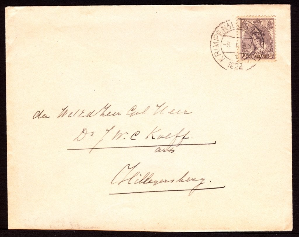 Envelop; van Krimpen a/d IJssel naar Hillegersberg 6-1-1922, Ophalen of Verzenden, Brief