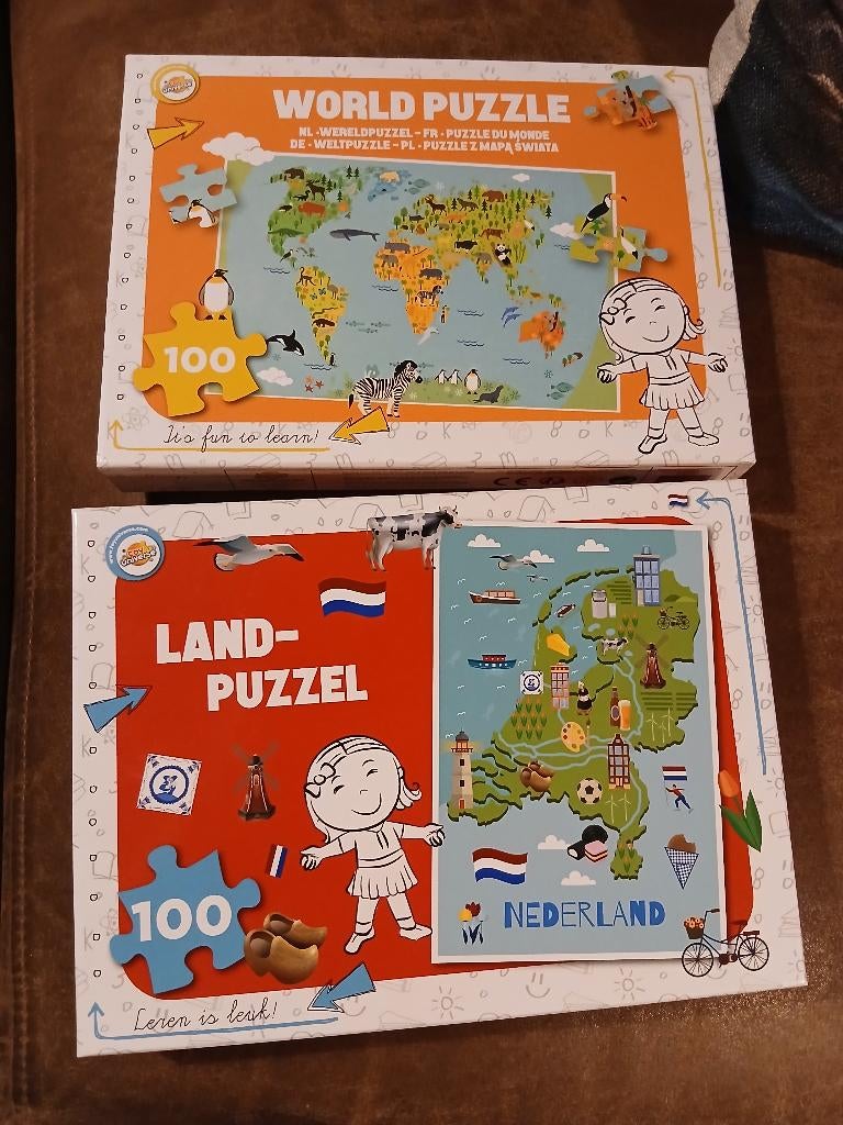 2 puzzels Nederland en Wereld, Ophalen of Verzenden, Meer dan 50 stukjes, Gebruikt, 6 jaar of ouder