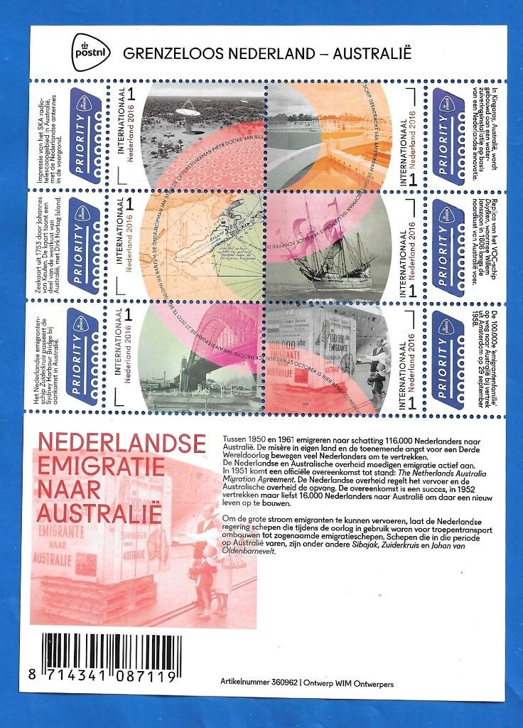 NVPH 3441- 46 b Vel Grenzeloos Nederland - Australië - 2016, Postzegels en Munten, Postzegels | Nederland, Ophalen of Verzenden