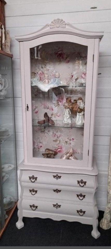 Mooie brocante vitrine buik kast, Ophalen, 50 tot 100 cm, Zo goed als nieuw, Minder dan 100 cm