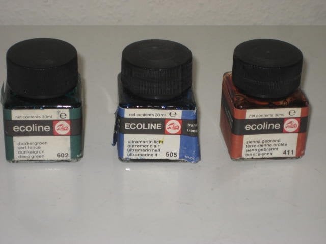 antieke flesjes Ecoline van Talens 3 stuks rood blauw groen, Ophalen of Verzenden, Gebruikt, Boek of Gids