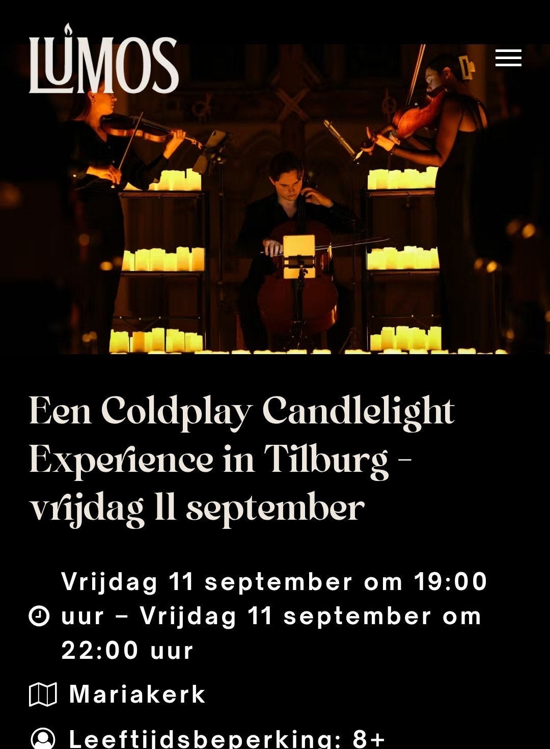 2  tickets Coldplay Candlelight Experience vrijdag 11/09, Twee personen, September