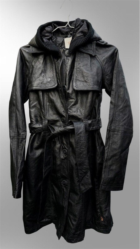 Leren trenchcoat met capuchon - Object Collectors Item, Zwart, Object, Ophalen of Verzenden, Maat 36 (S)