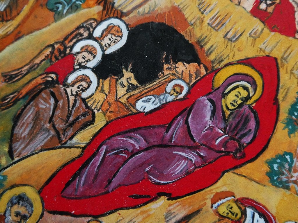 Een handbeschilderd Icoon afbeelding kerst kerststal, Ophalen of Verzenden