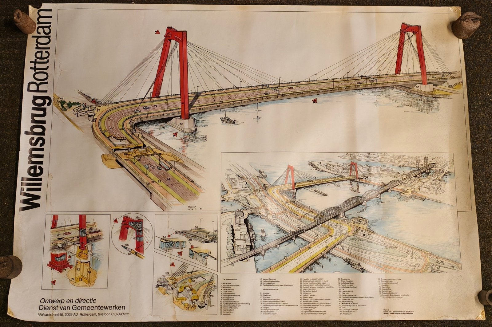 Unieke Vintage Poster / Bouwtekening Willemsbrug Rotterdam, Gebruikt, Deurposter of groter, Rechthoekig Liggend, Ophalen of Verzenden