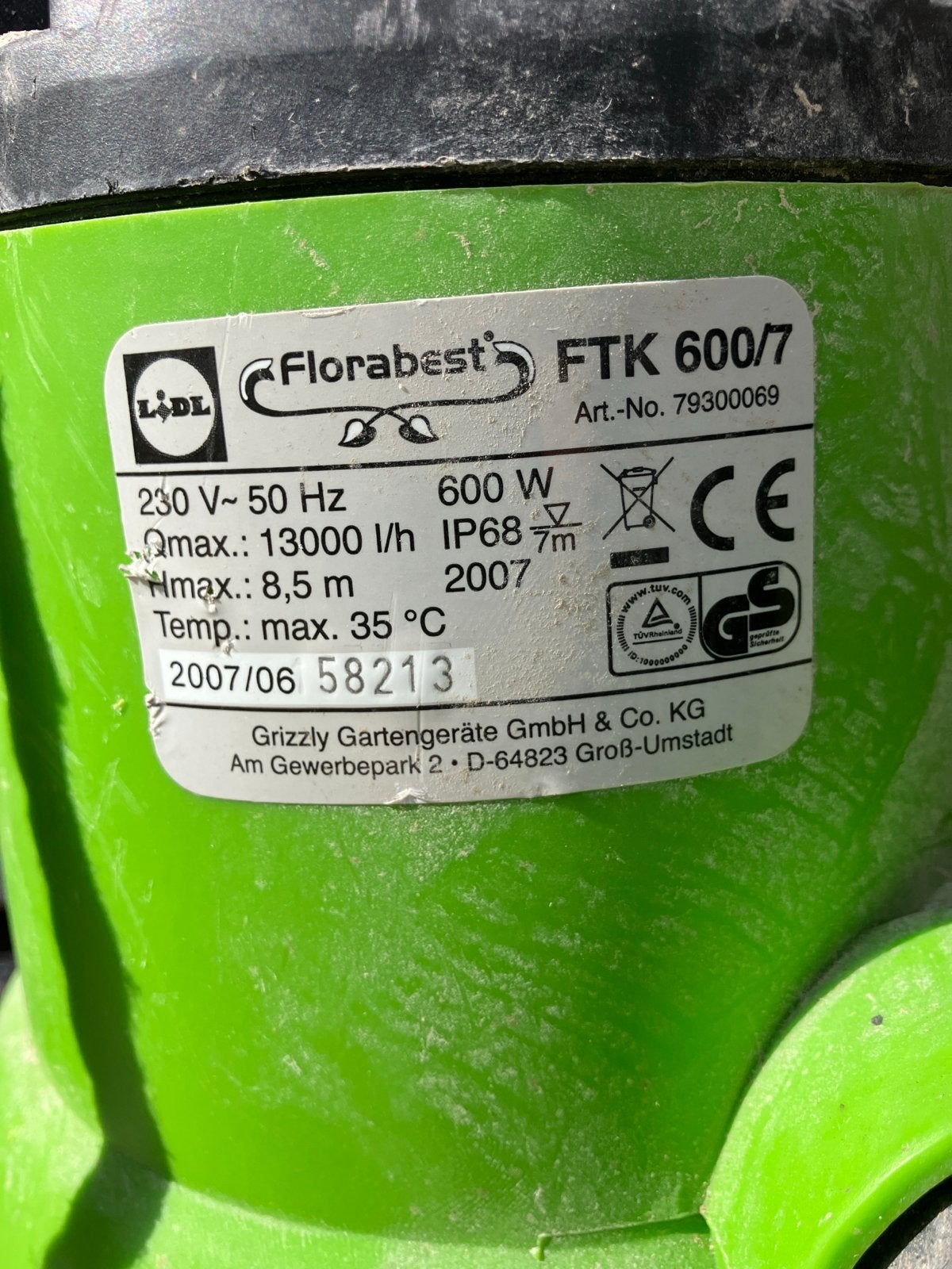 Florabest FTK 600/7 Dompelpomp - 600W, 13000 l/h, Ophalen, Gebruikt, Elektrisch, Dompelpomp